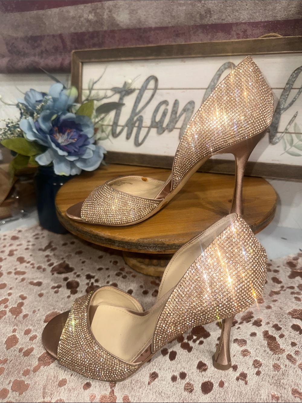 NWOT Vince Camuto Rose Gold Crystal Open-Toe Heels - Picture 6 of 8